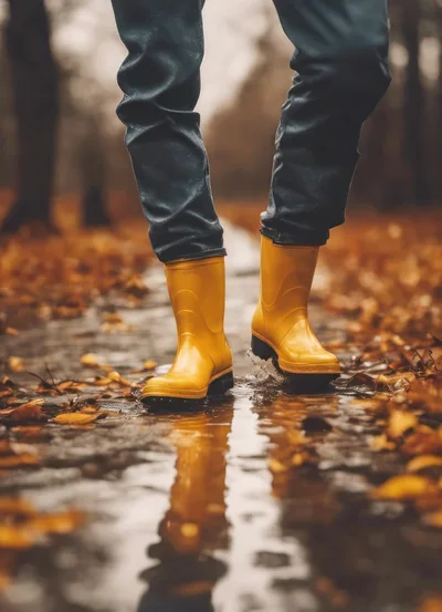 Person Walking Through Puddle In Yellow Rain Boots