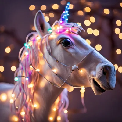 Magical White Unicorn Decorated With Glowing Fairy Lights