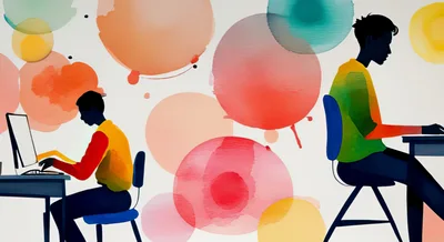 Two People Working At Computers With Abstract Watercolor Background