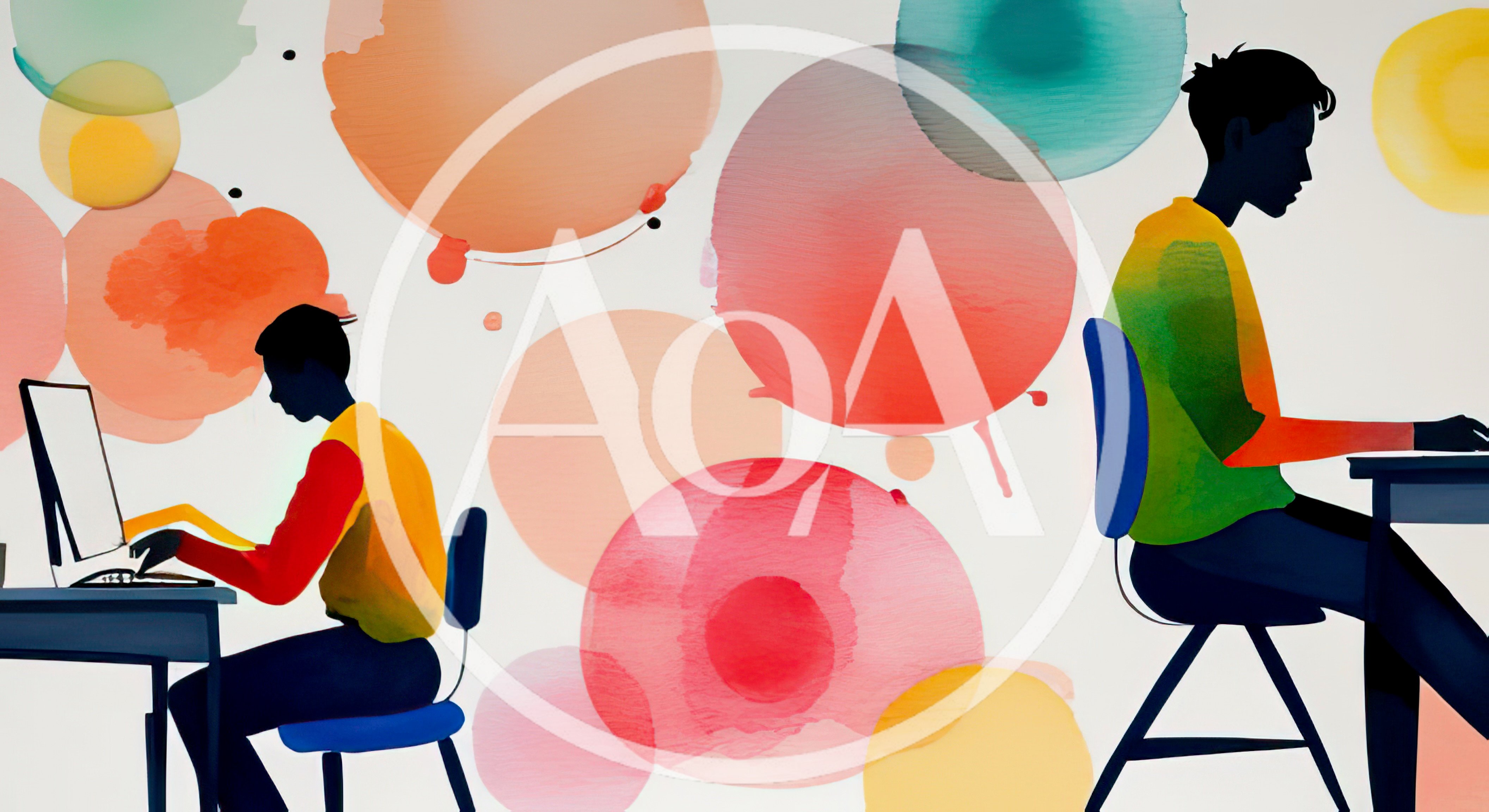 Two People Working At Computers With Abstract Watercolor Background