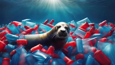 Seal Surrounded by Plastic Waste in Polluted Ocean