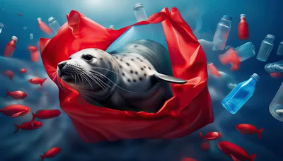 Seal Trapped In Red Plastic Bag Underwater