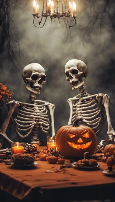 Two Skeletons Having A Spooky Halloween Dinner