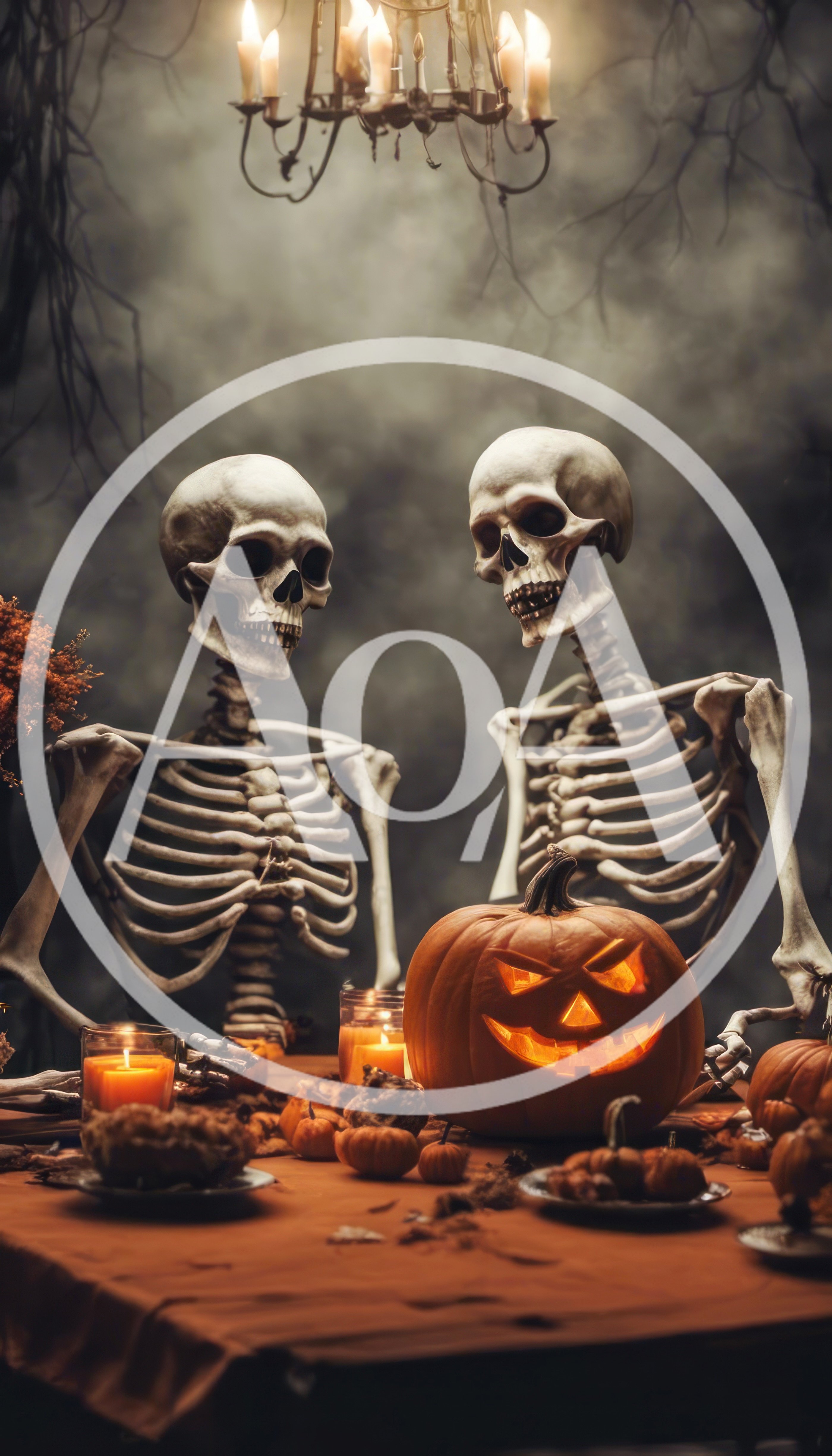Two Skeletons Having A Spooky Halloween Dinner