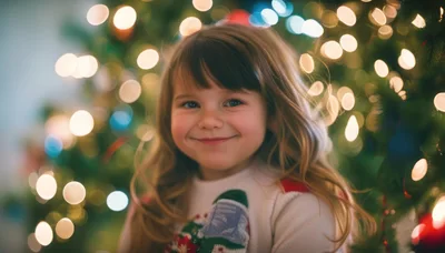 Portrait of a Smiling Young Girl by Christmas Tree