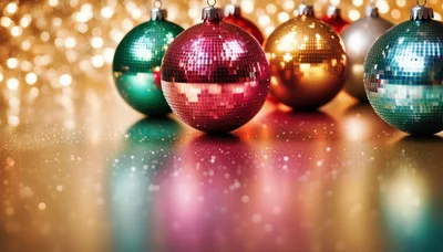 Shiny Disco Ball Christmas Ornaments on Reflective Surface