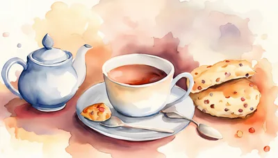 Watercolor Illustration Of Tea And Cookies