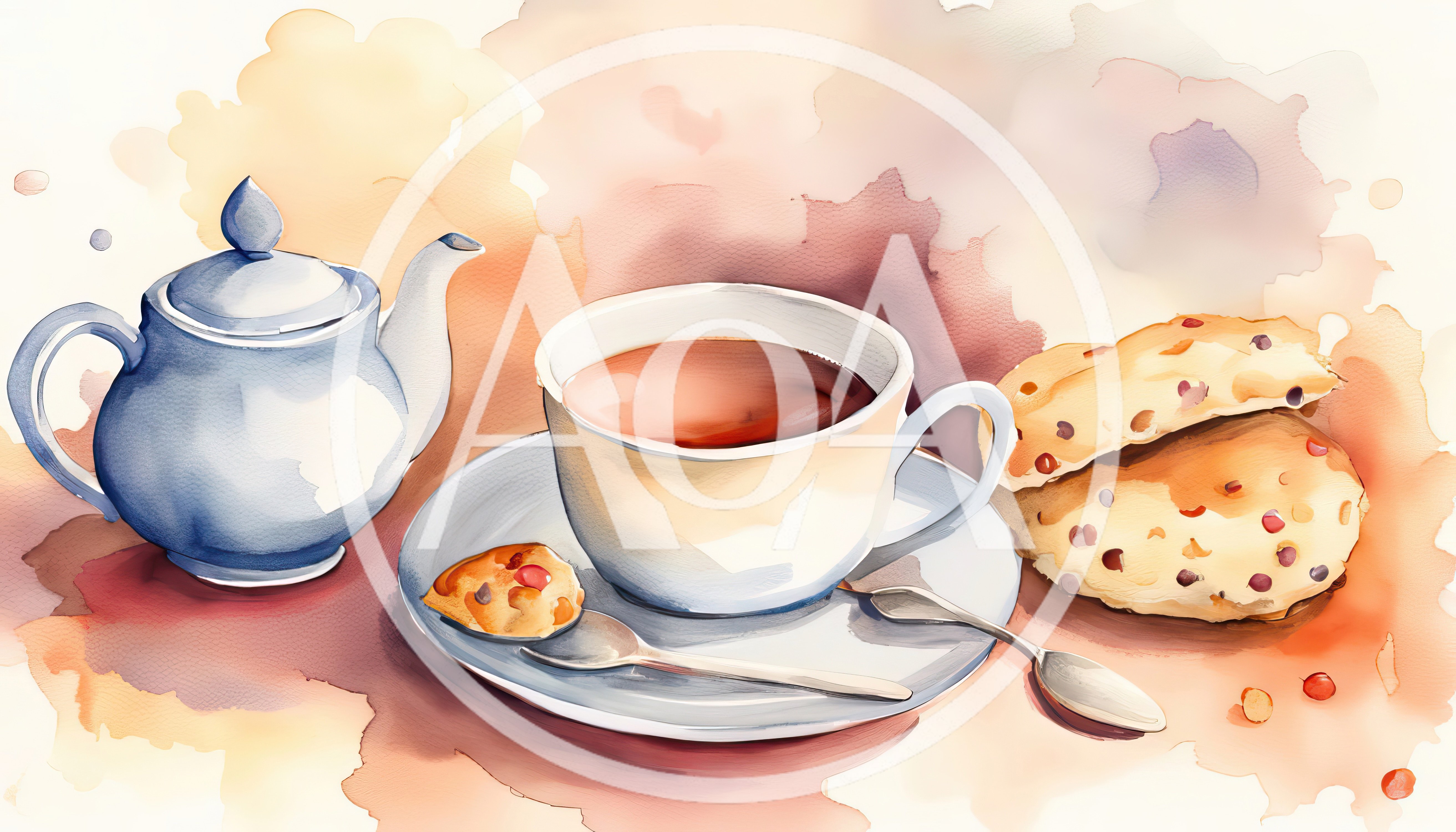 Watercolor Illustration Of Tea And Cookies