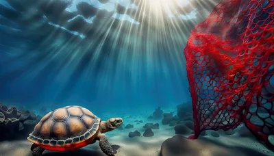 Sea Turtle Swimming Near Red Fishing Net Underwater