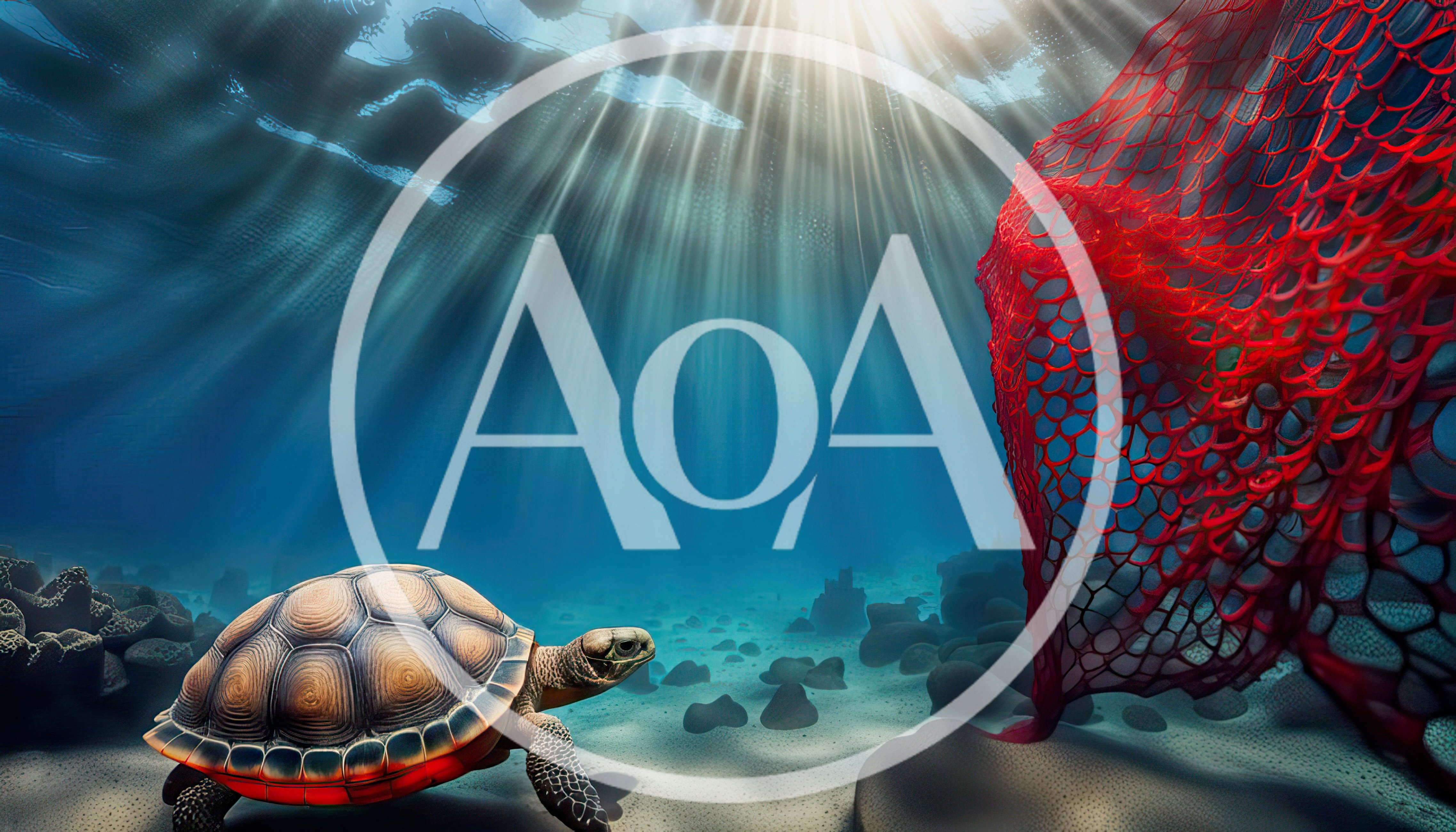 Sea Turtle Swimming Near Red Fishing Net Underwater