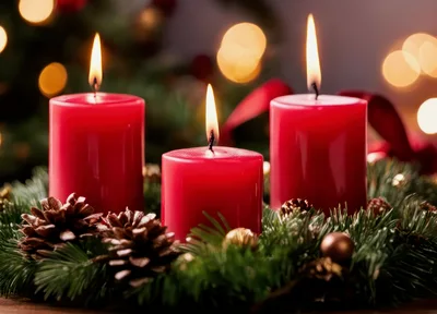 Three Red Christmas Candles On A Festive Wreath