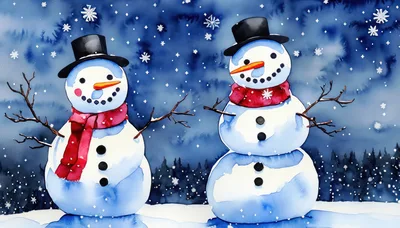 Two Watercolor Snowmen Standing In A Snowy Landscape