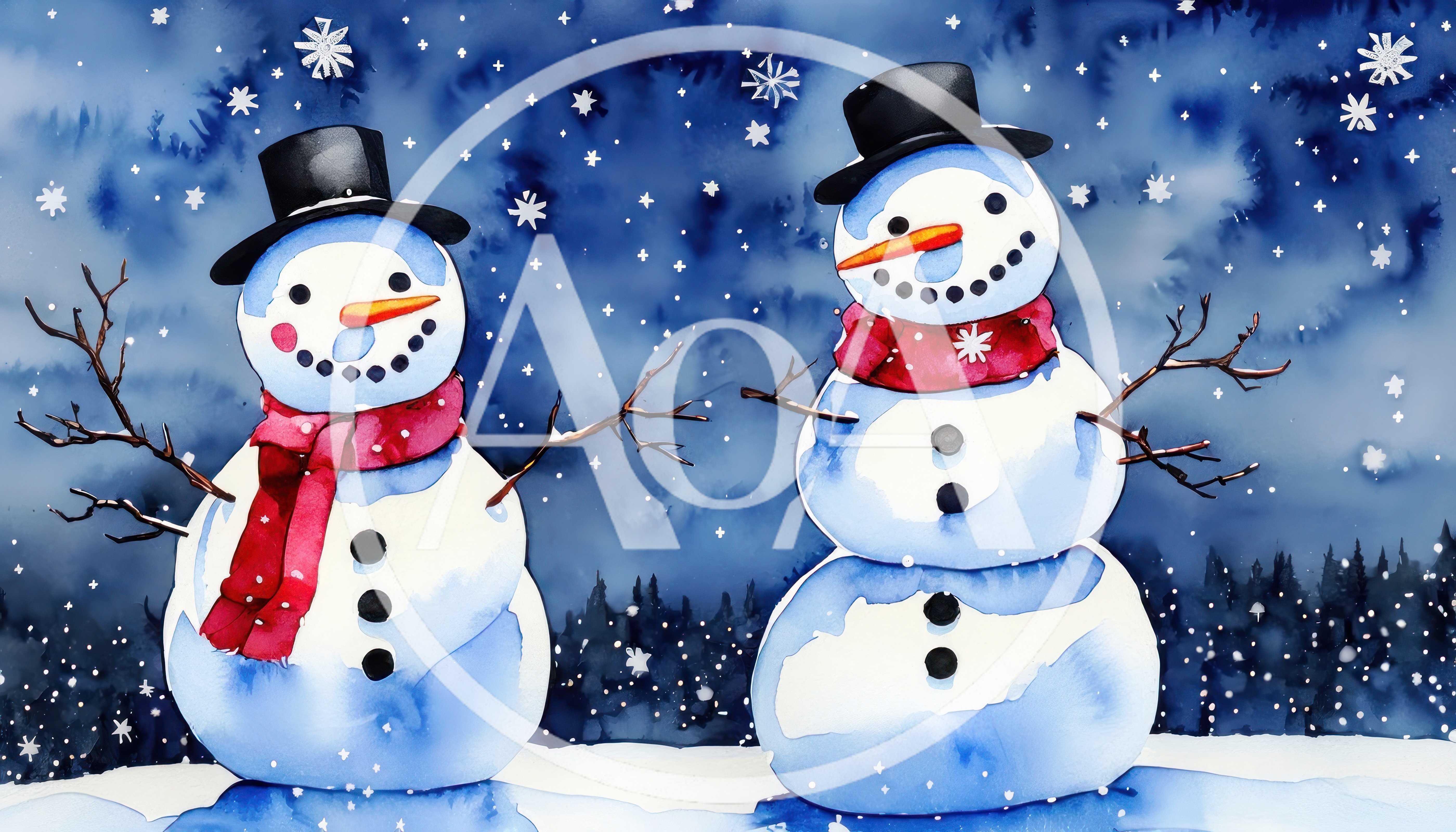 Two Watercolor Snowmen Standing In A Snowy Landscape