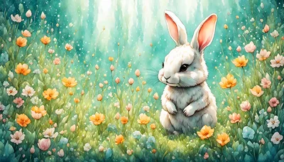 Cute White Rabbit Sitting In A Flowery Meadow