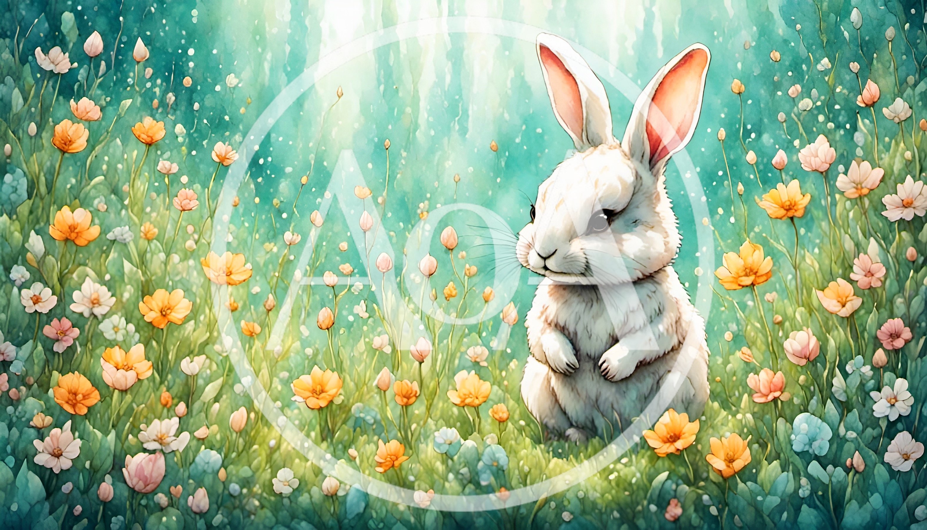Cute White Rabbit Sitting In A Flowery Meadow