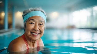 Senior Asian Woman Smiling In Indoor Swimming Pool