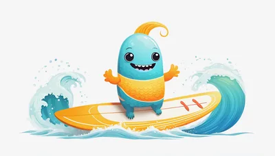 Cute Cartoon Monster Surfing On A Yellow Surfboard