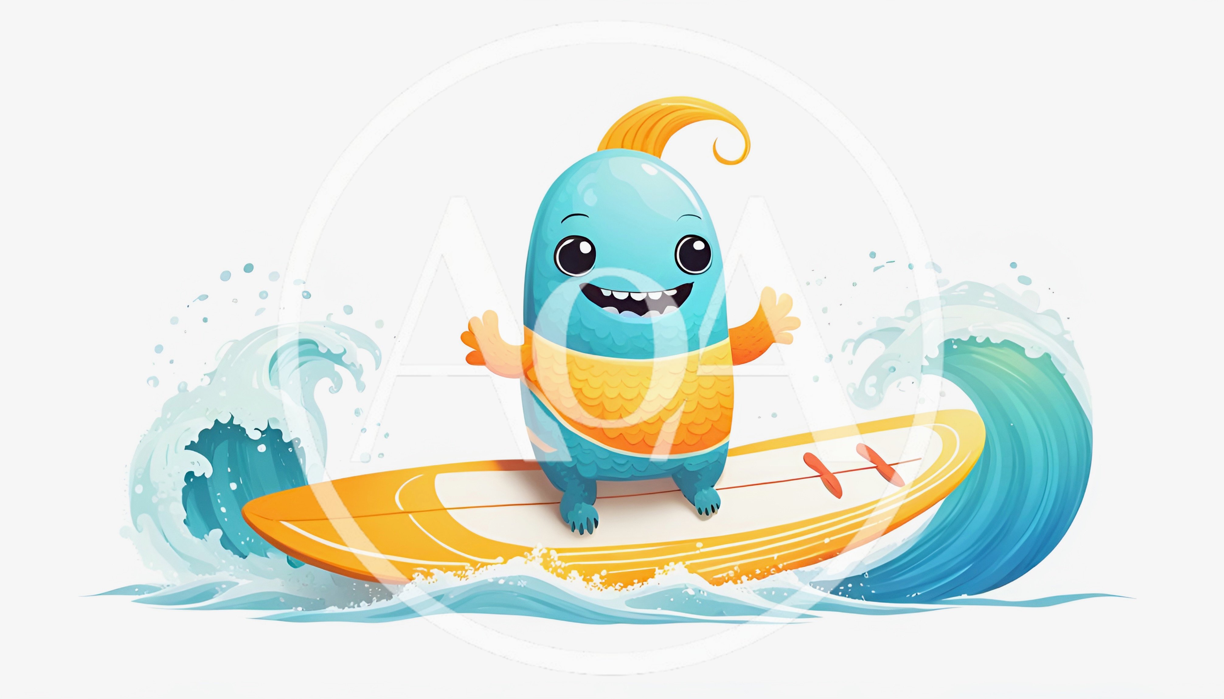 Cute Cartoon Monster Surfing On A Yellow Surfboard