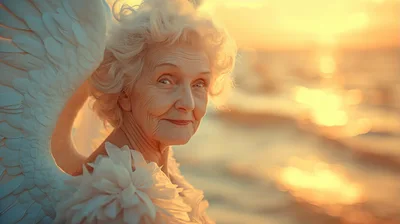 Elderly Woman With Angel Wings At Sunset