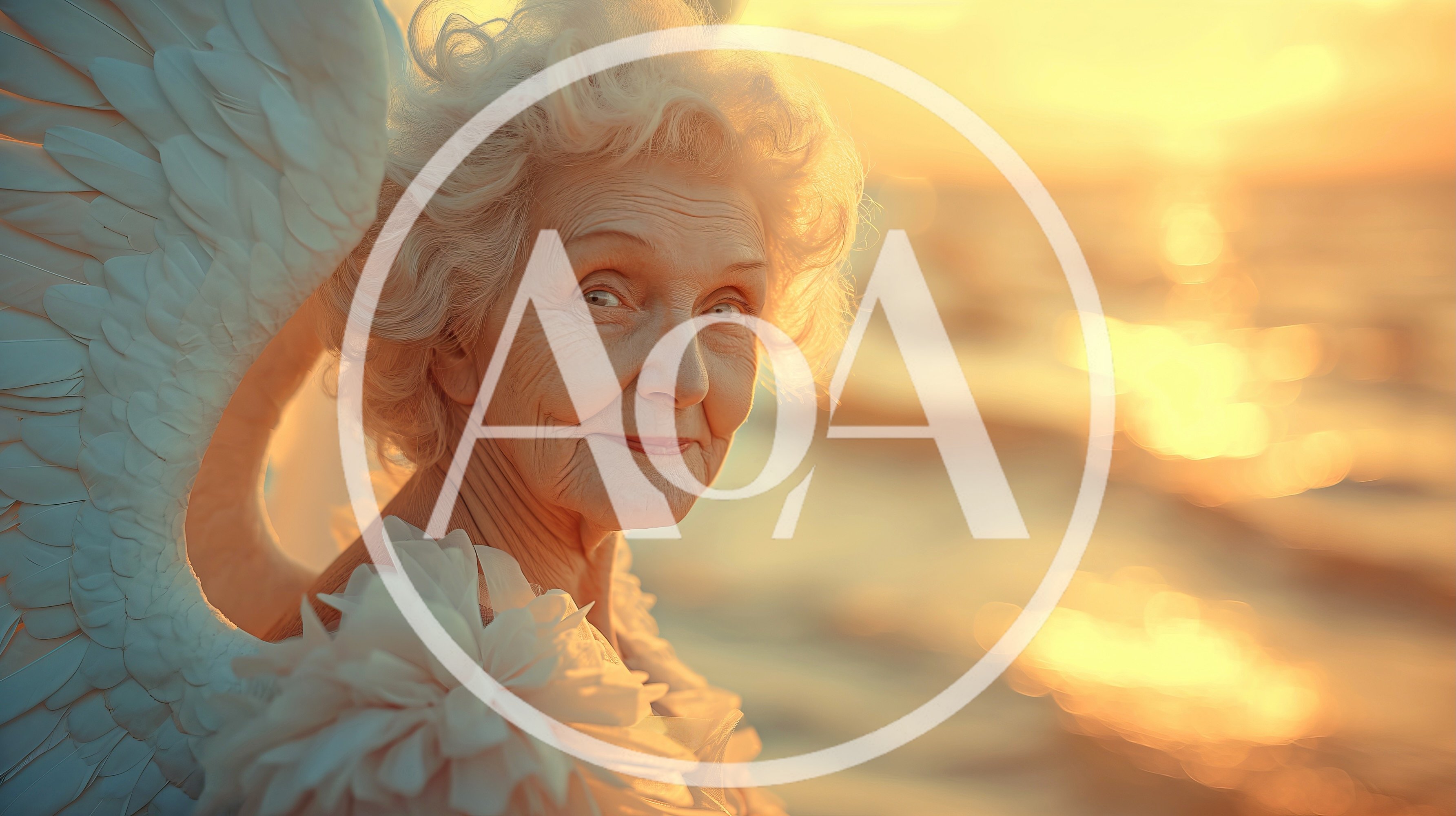 Elderly Woman With Angel Wings At Sunset