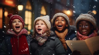 Diverse Children Singing Christmas Carols Outdoors In Snow