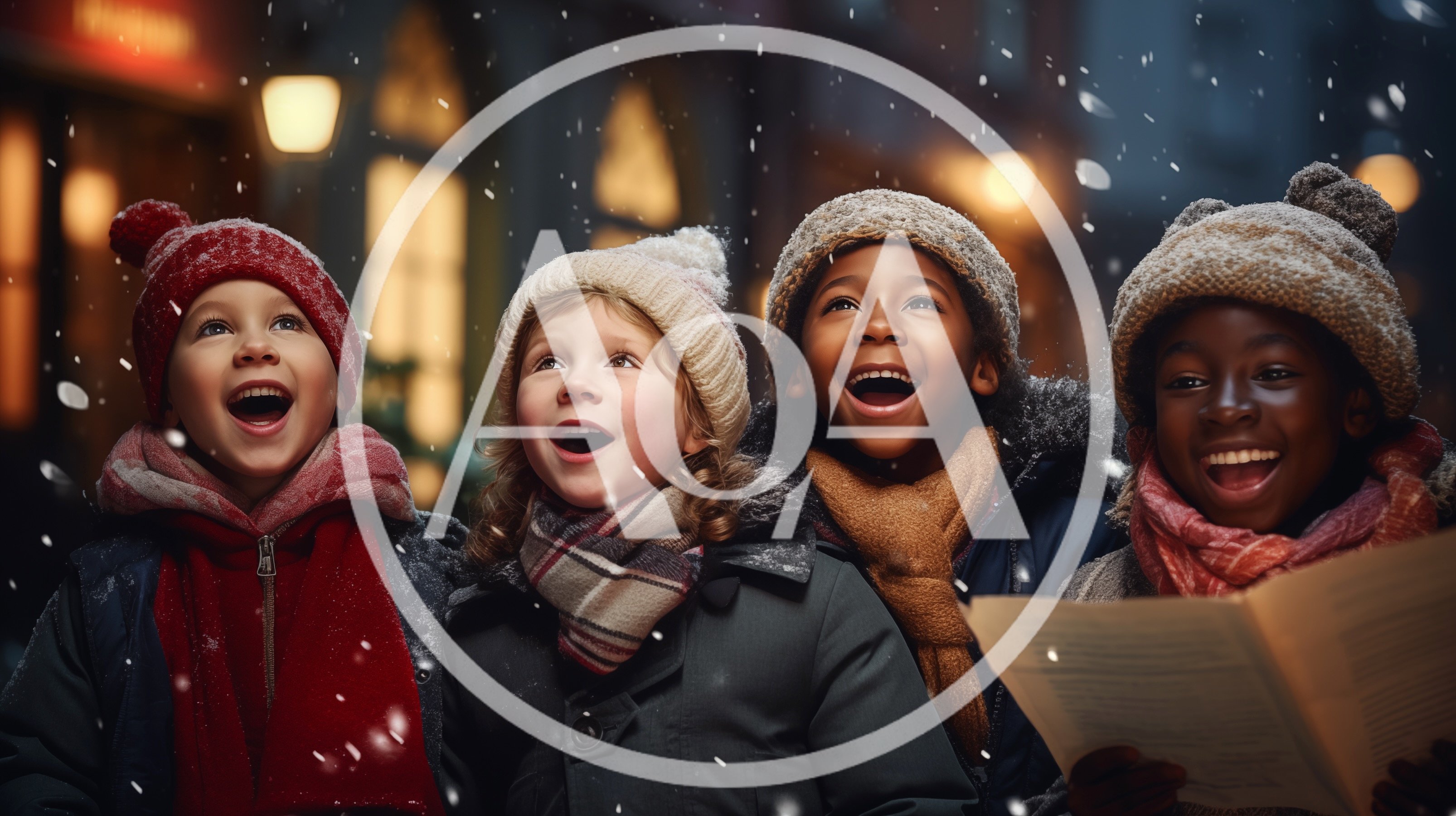 Diverse Children Singing Christmas Carols Outdoors In Snow