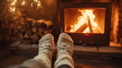 Person Wearing Wool Socks Relaxing By A Cozy Fireplace