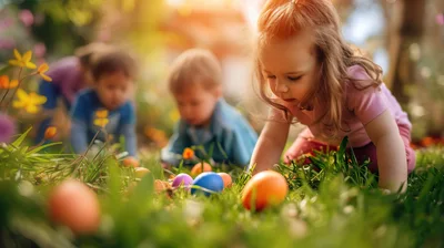 Children Searching For Easter Eggs In A Sunny Garden