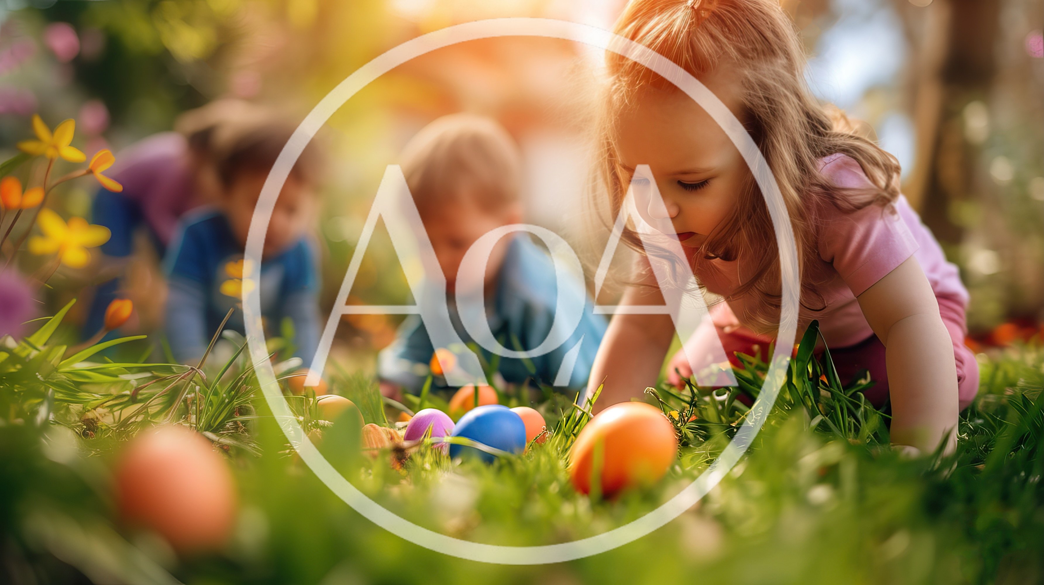 Children Searching For Easter Eggs In A Sunny Garden