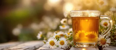 Glass Mug Of Chamomile Tea With Fresh Flowers