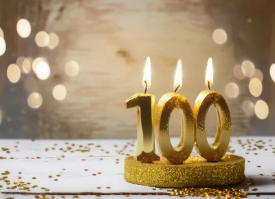 Golden One Hundred Birthday Candles on White Table