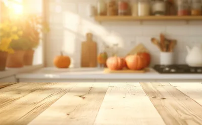 Empty Wooden Kitchen Countertop With Blurred Autumn Background