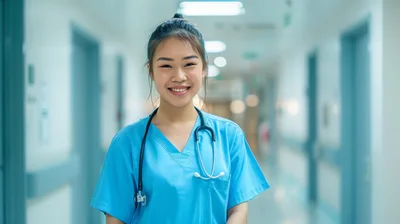 Young Asian Nurse Smiling In Hospital Corridor