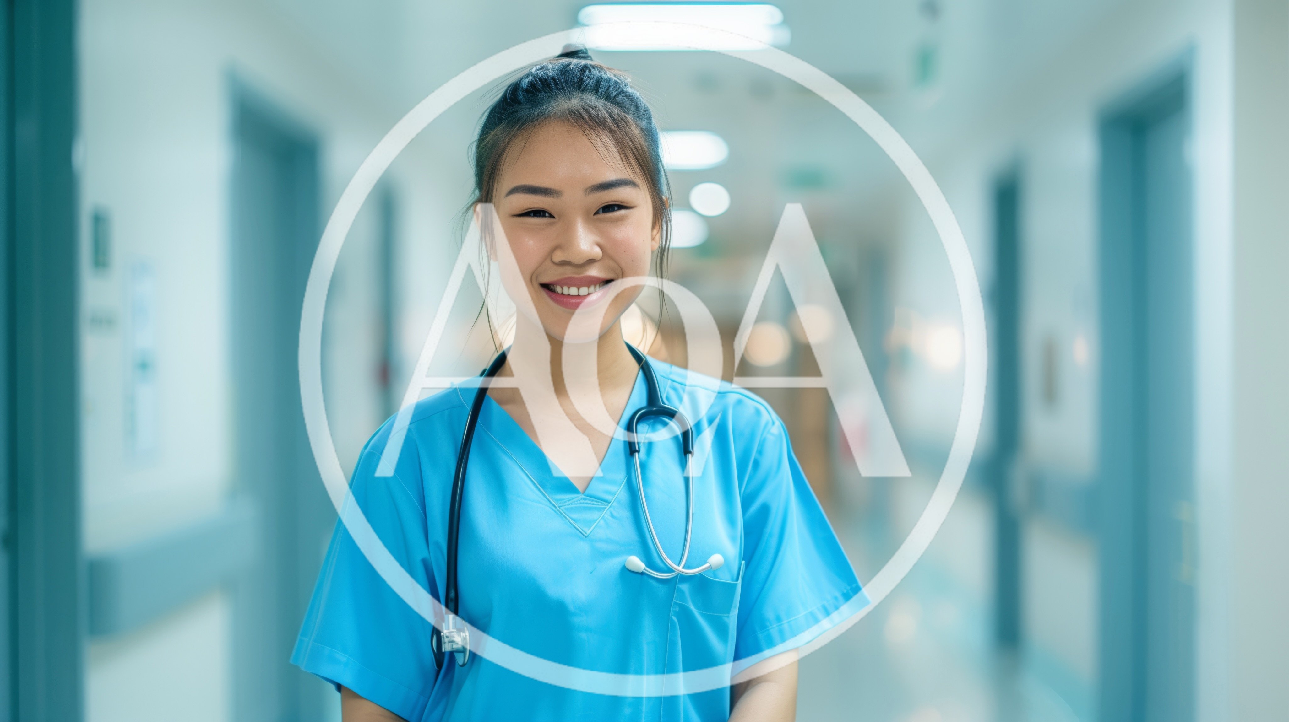 Young Asian Nurse Smiling In Hospital Corridor