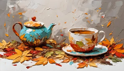 Teapot and Tea Cup Surrounded by Autumn Leaves