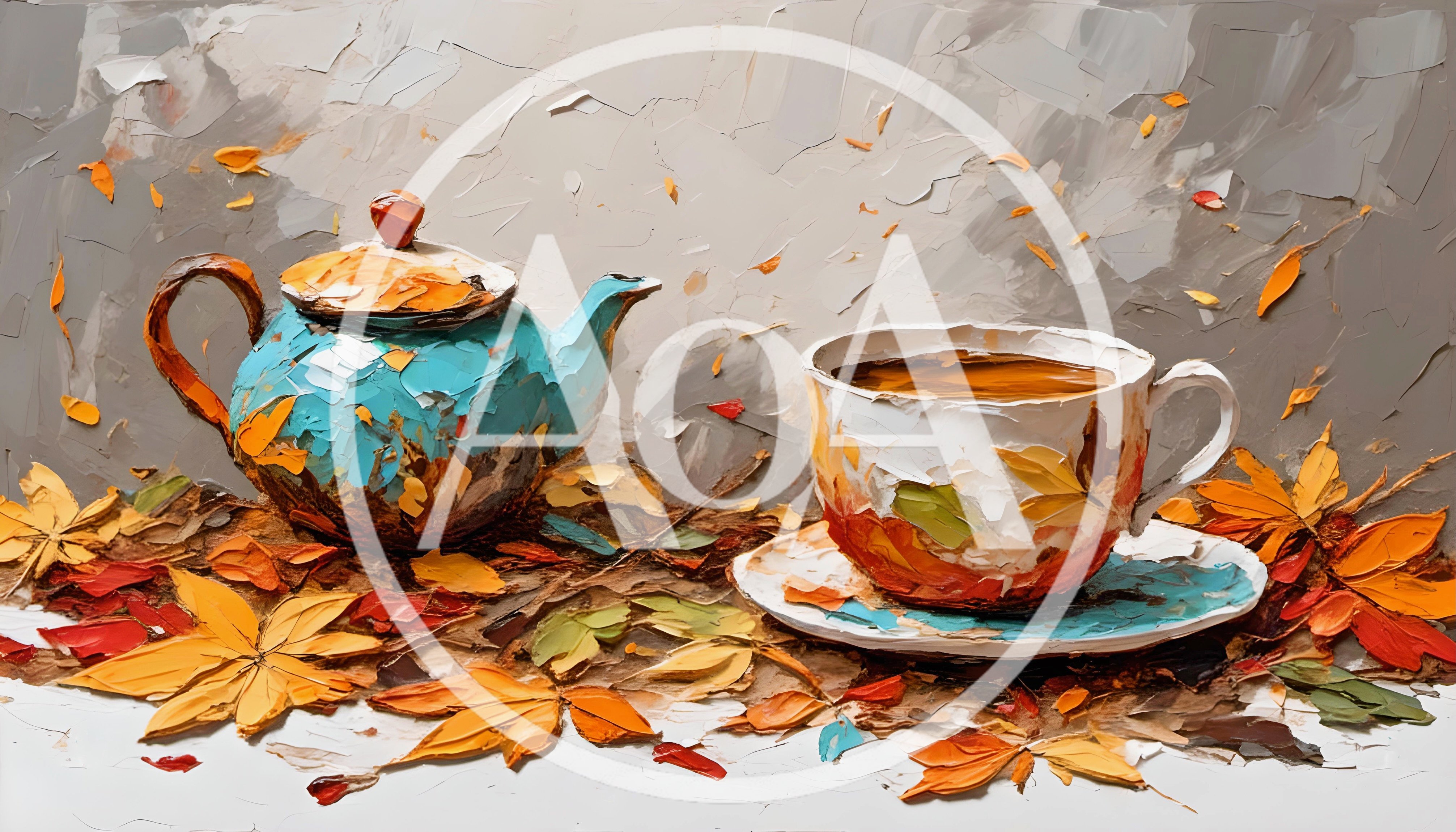 Teapot and Tea Cup Surrounded by Autumn Leaves