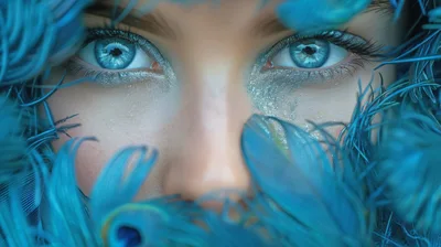 Close Up Portrait Of Woman With Blue Feathers