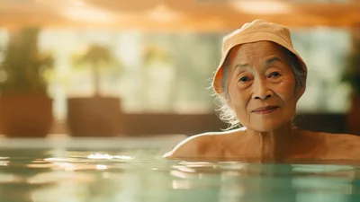 Senior Asian Woman Relaxing In A Warm Indoor Pool