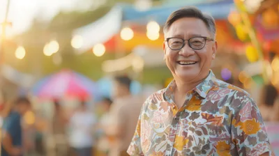 Smiling Senior Asian Man At Outdoor Street Festival