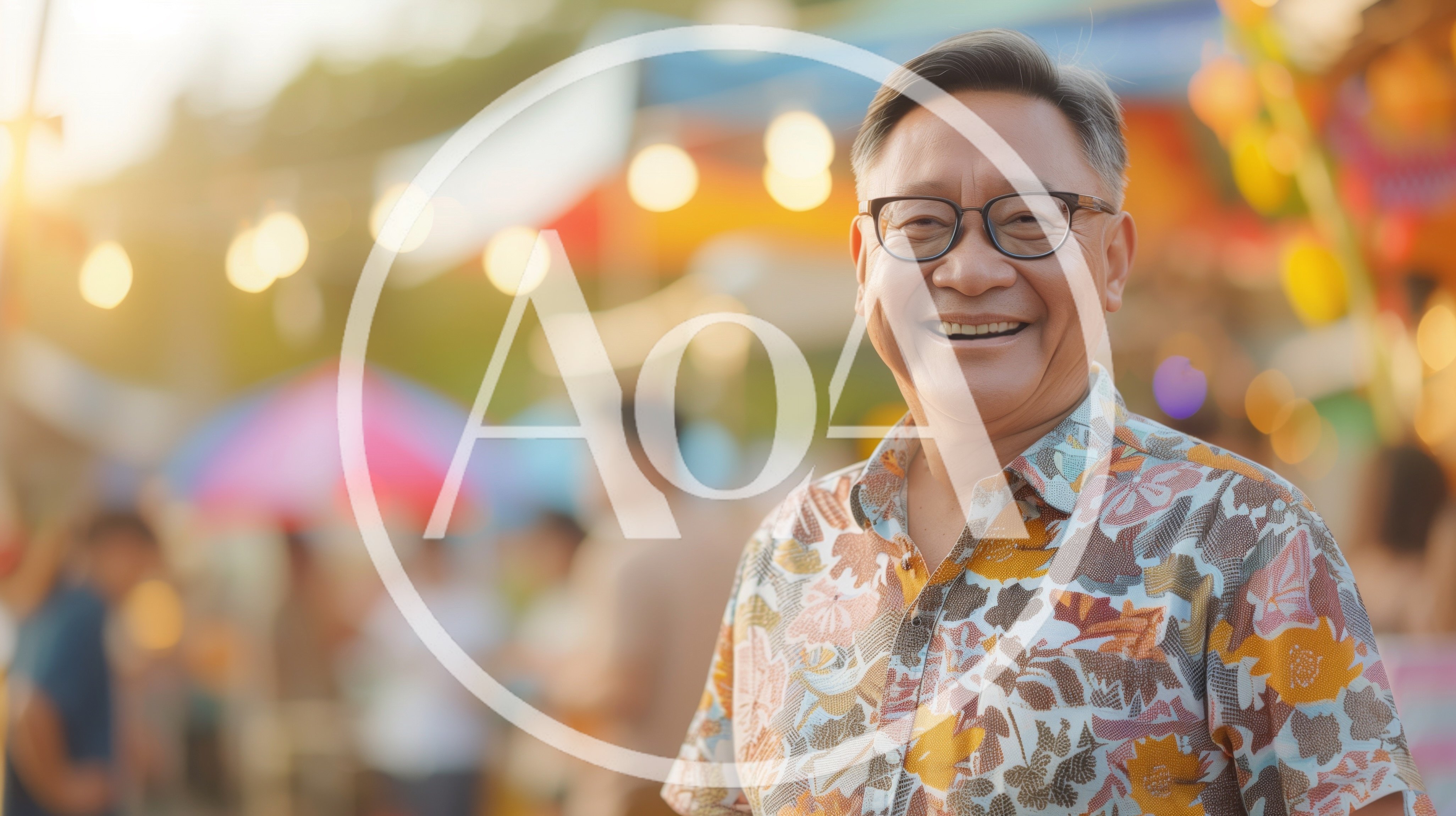Smiling Senior Asian Man At Outdoor Street Festival