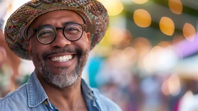 Smiling Middle Aged Man Wearing Patterned Fedora Hat