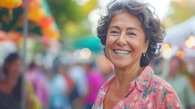 Smiling Mature Woman at a Vibrant Outdoor Market