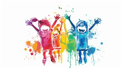 Happy Children Jumping With Colorful Watercolor Splatter Art