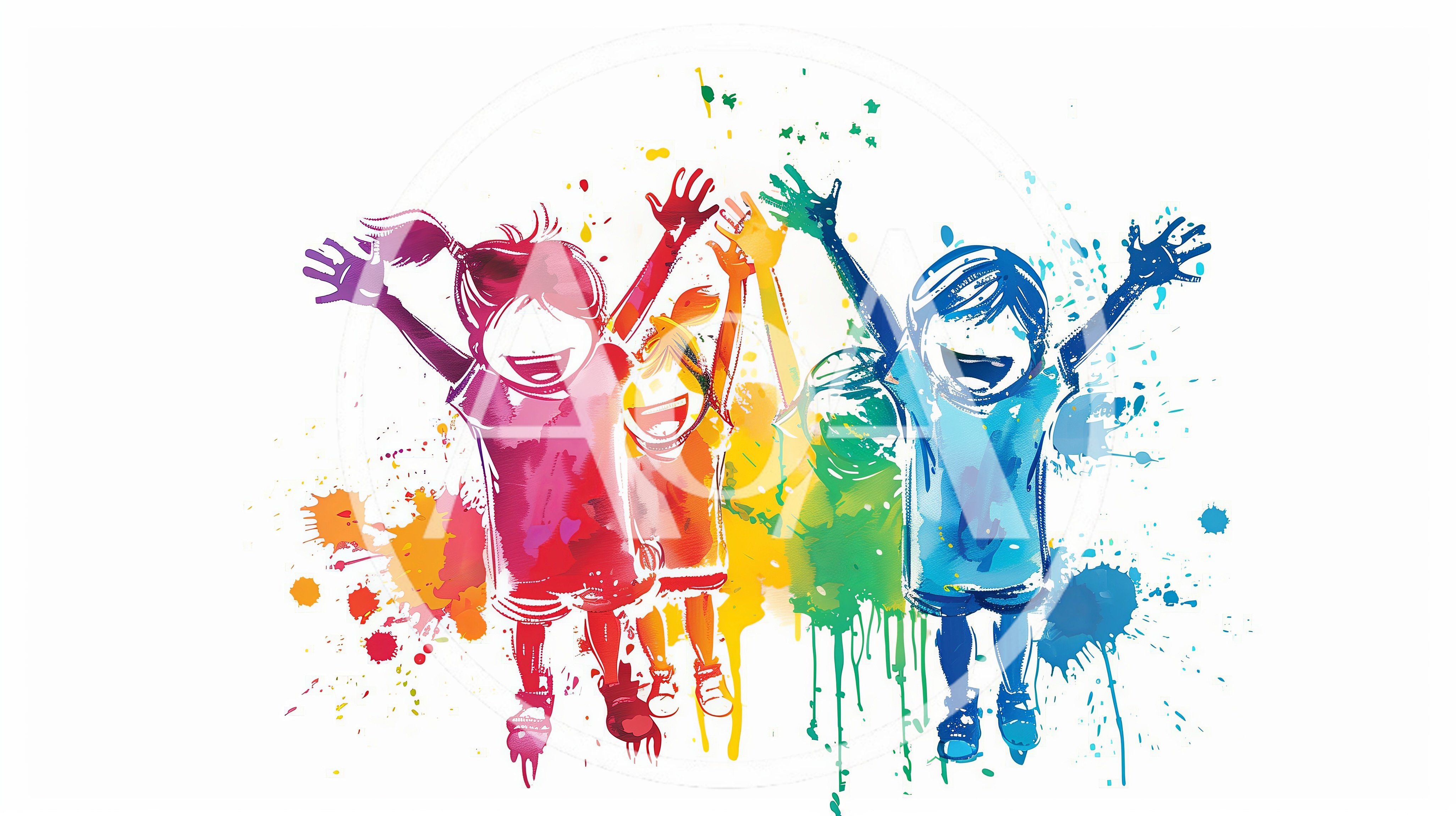 Happy Children Jumping With Colorful Watercolor Splatter Art