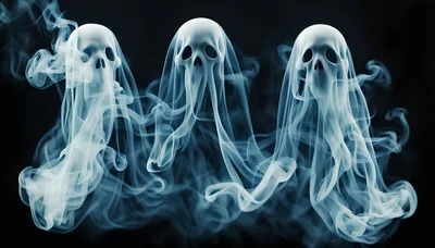 Three Ethereal Ghostly Skulls Formed From Swirling Smoke