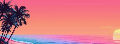 Retro Synthwave Style Tropical Beach Sunset Illustration