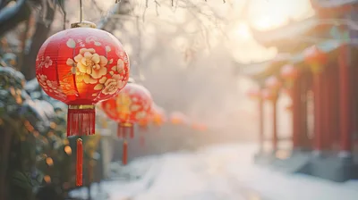 Red Chinese Lanterns Hanging In Snowy Temple Courtyard