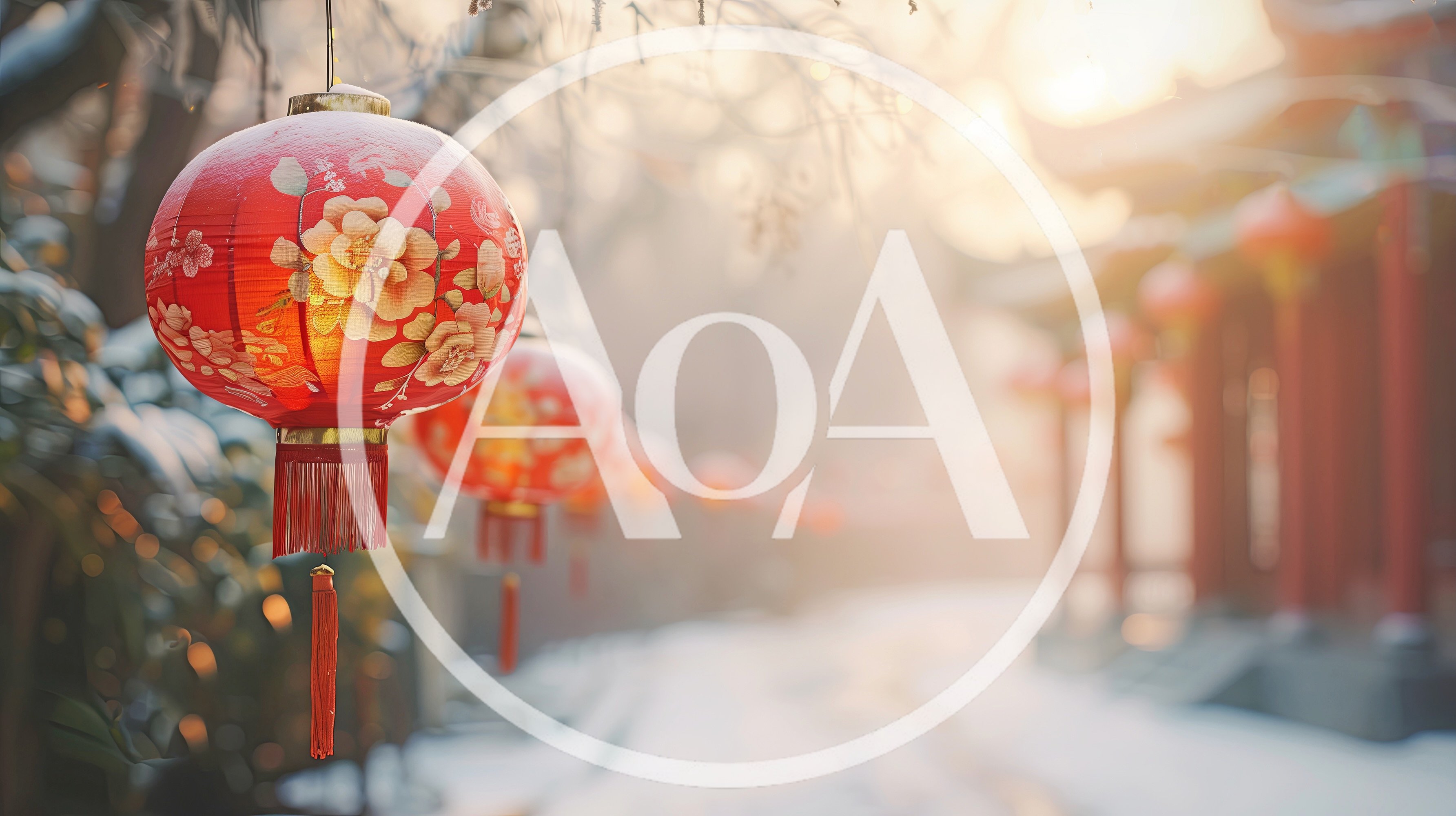 Red Chinese Lanterns Hanging In Snowy Temple Courtyard