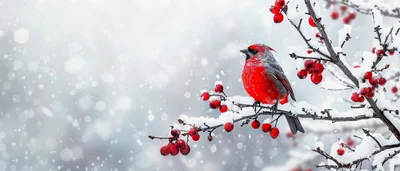Red Cardinal Bird Perched On Snowy Berry Branch