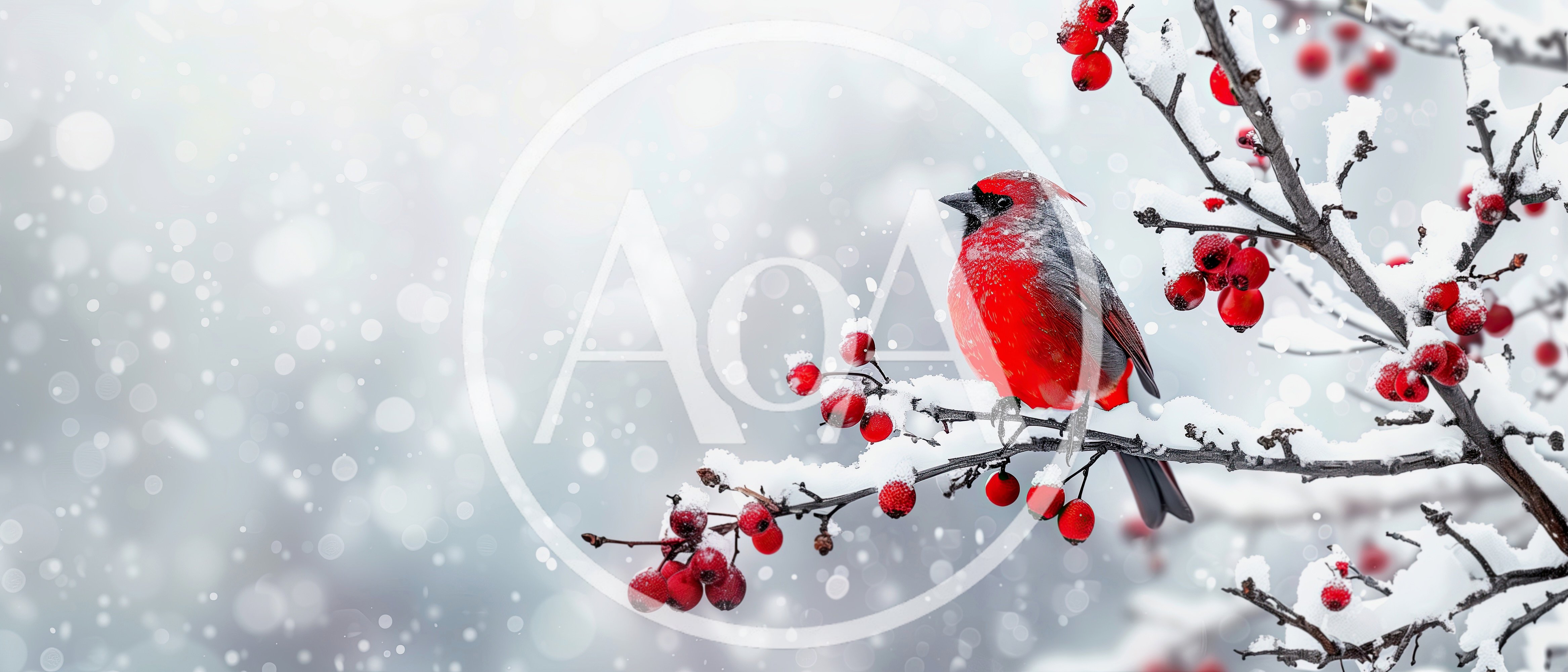 Red Cardinal Bird Perched On Snowy Berry Branch